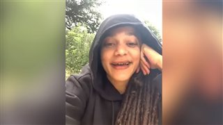 Sasha Lane knocked over by dog while talking 'Utopia'